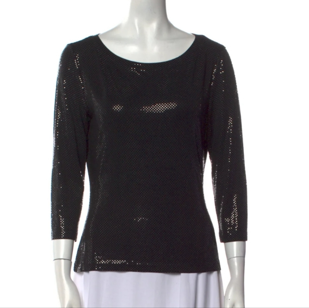 St.John Caviar Black Glitter Stretch Scoop Neck Top size M